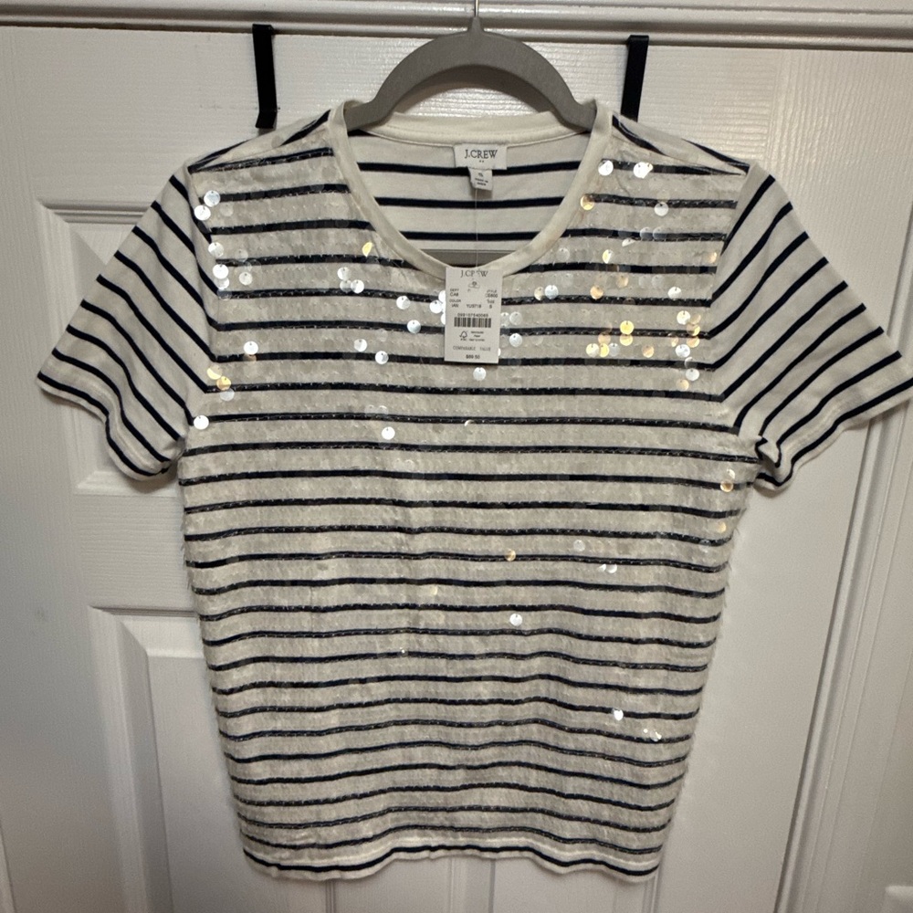 J. Crew Black and White Striped Sequin Top